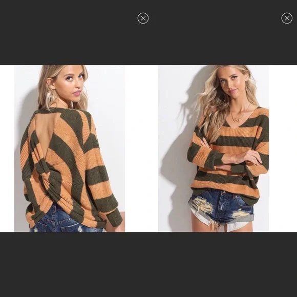 NWT Gorgeous Orange & Green Striped V-Neck Open Back Knit Sweater - Picture 5 of 8